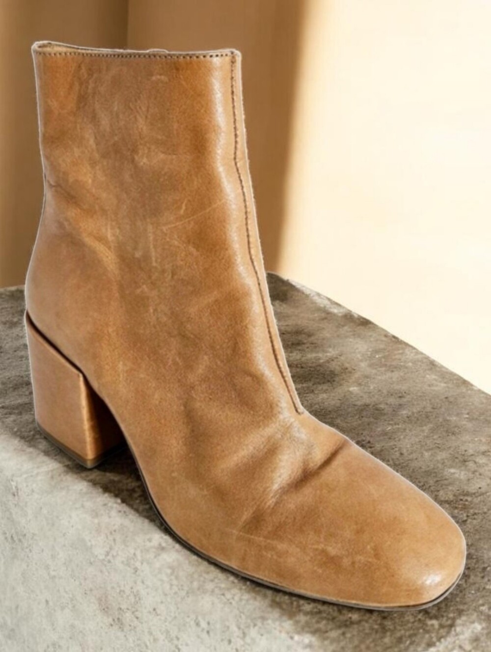 Free People Boots 39 Sienna Leather Square Toe Block Heel Cognac Brown Boho Chic